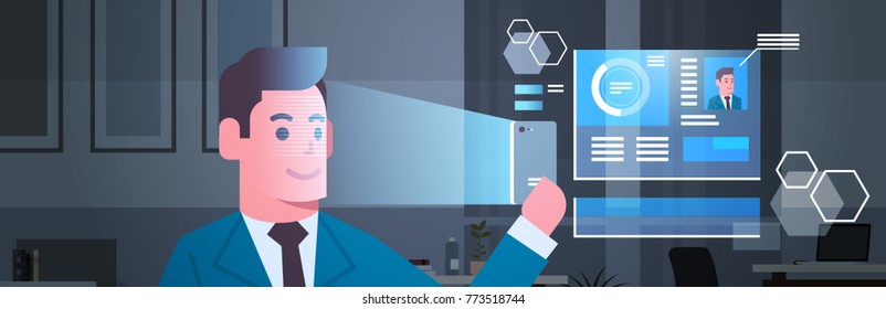 Modern Security System Scanning Business Man Face Biometric Identification Recognition Concept Vector Illustration