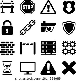 Modern security and technology warning symbols with stop sign and caution icons for digital safety and protection