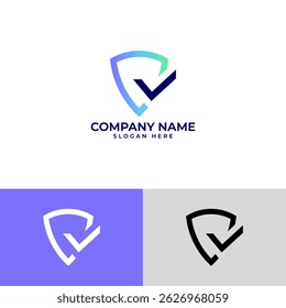 Modern security or verification logo. Features a stylized shield with a prominent checkmark integrated within its shape. Represents trust, approval, and secure validation. Cool blue and green gradient