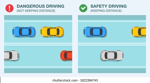 Modern sedan cars on a city highway. Safety and dangerous driving. Keep a safe distance infographic. Flat vector illustration template.