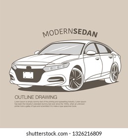 Modern sedan isolated outline drawing vector illustration.