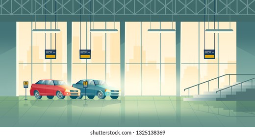 Modern sedan new models standing, waiting for buyers in exhibition hall, dealer center or salon cartoon vector background. Car shop interior illustration. Automobile industry advertising background