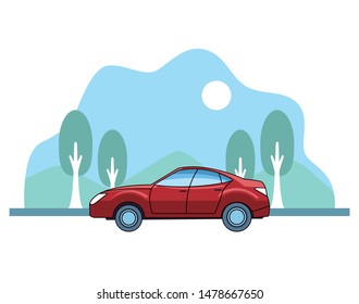 Modern Sedan Red Car Vehicle Sideview On Nature Landscape Background ,vector Illustration Graphic Design.