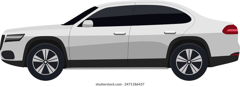 Modern Sedan vehicle illustration. Sedan automobile in side view. Sleek white car with dark tinted windows and black rims.