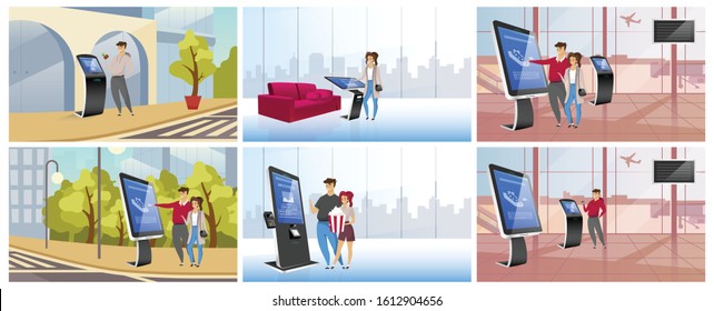 Modern self service kiosks flat color vector illustrations set. People using interactive information boards cartoon characters. Commercial digital panels, innovative terminals with touch screen