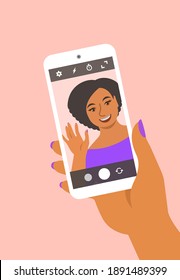 Modern selfie concept. Flat vector illustration. Black girl posing for selfie and holding smart phone in her hand. Beautiful woman takes a photo of herself by mobile phone camera for social media