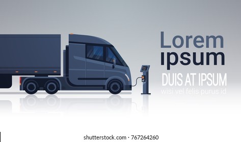Modern Semi Truck Trailer Charging At Electic Charger Station Vector Illustration