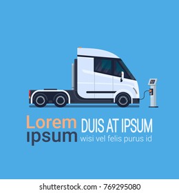 Modern Semi Truck Trailer Charging At Electic Charger Station Banner With Place For Text Vector Illustration