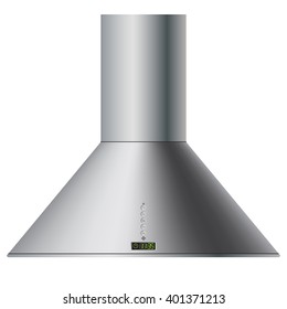 Modern, semi-circular, metal, kitchen hood with digital clock. Vector Image.