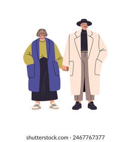 Modern senior couple standing together. Old lovers, man and woman in glasses hold hands. Aged people wearing stylish hat, fashion raincoat. Flat isolated vector illustration on white background
