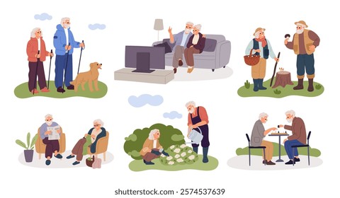 Modern senior couples. Elderly people hobbies. Active lifestyle. Old men and women walk in forest park. Grandparents play chess. Elderlies watching TV and gardening