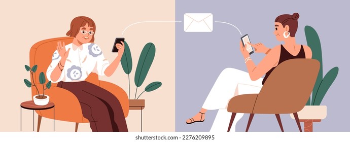 Modern senior elderly women friends during online communication by mobile phone. Old female characters chatting via internet, using smartphone, social media, technology. Flat vector illustration