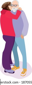 Modern senior loving couple hugs and kisses. Happy senior people standing. Gray-haired man and modern senior woman. Long life and cute elderly humans characters. Trendy flat vector illustration