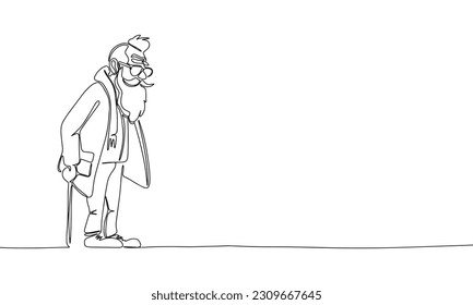 Modern senior man with stick isolated on white background. Line art elderly man with beard and stick. One line continuous vector illustration. 