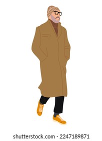 Moderner Senior Mann. Stilvolle ältere Männer in der Straßenmode lässiger Kleidung. Glücklicher alter Mensch im modischen Winter, Frühlingsoutfit. Flache Vektorgrafik, realistisch, einzeln auf weißem Hintergrund.