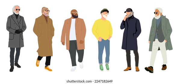 Hombres de edad modernos se ponen. Estilosos hombres mayores vestidos de forma callejera y casual. Persona de edad feliz con ropa de moda de invierno o primavera. Ilustración realista vectorial plana aislada en fondo blanco.