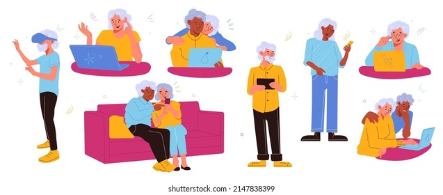 Modern senior people gadgets. Happy elderly characters with different devices, older generation mastering technologies, grandparents hold smartphone, laptop and virtual glasses vector set