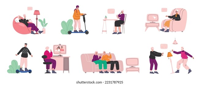 Modern senior people with gadgets. Persons use laptops, scooters or mobile phones. Progressive devices in hands. Grandma web chatting. Grandpa with VR glasses. Vector