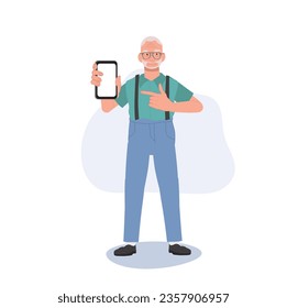 Moderno Senior con el concepto de Tecnología. Hombre mayor apuntando al dedo en Smartphone. Senior activo que utiliza Smartphone para la interacción en línea