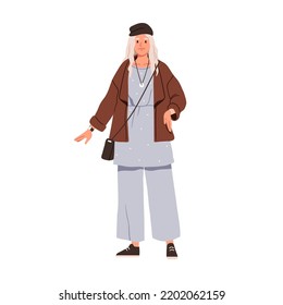Modern senior woman wearing fashion clothes and accessories. Stylish elderly lady dressed in casual outfit, apparel. Aged old person. Flat graphic vector illustration isolated on white background