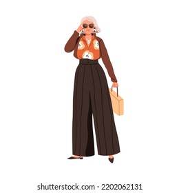 Modern senior woman wearing trendy clothes, apparel. Elegant lady of old age in fashion outfit, accessories, sunglasses. Elderly female. Flat graphic vector illustration isolated on white background