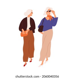 Modern senior women friends walking and talking together. Fashion elegant elderly gray-haired ladies strolling in stylish outfits and purses. Flat vector illustration isolated on white background