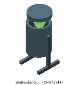 Modern sensor lamp emitting green light beam standing on three legs, isometric view