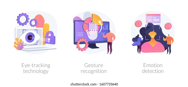 Modern sensor tech. Human-computer and user interface interaction methods. Eye-tracking technology, gesture recognition, emotion detection metaphors. Vector isolated concept metaphor illustrations.