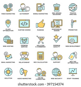 Modern SEO contour icons for web marketing optimization and customer service. The thin contour lines with color fills.