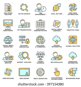 Modern SEO contour icons of web optimization, marketing, management and design. The thin contour lines with color fills.