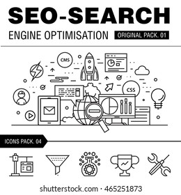 Modern seo development pack. Thin line icons optimization technology. Analytics internet collection future infographics industry elements. High quality vector symbol. Stroke pictogram for web design.
