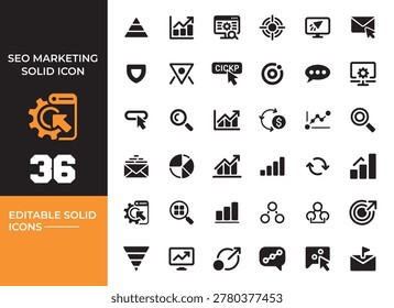 Modern seo marketing solid icons pack featuring search optimization branding campaigns and digital advertising workflow concepts efficiently