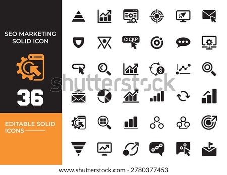 Modern seo marketing solid icons pack featuring search optimization branding campaigns and digital advertising workflow concepts efficiently