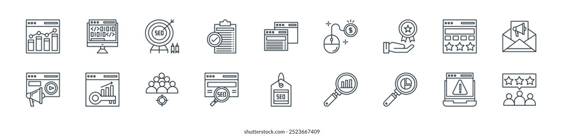 modern seo and sem icon pack. perfect for linear ui designs featuring vector testimonial, warning, analytics, statistics, seo tag, seo, team and more icons for mobile and web apps.