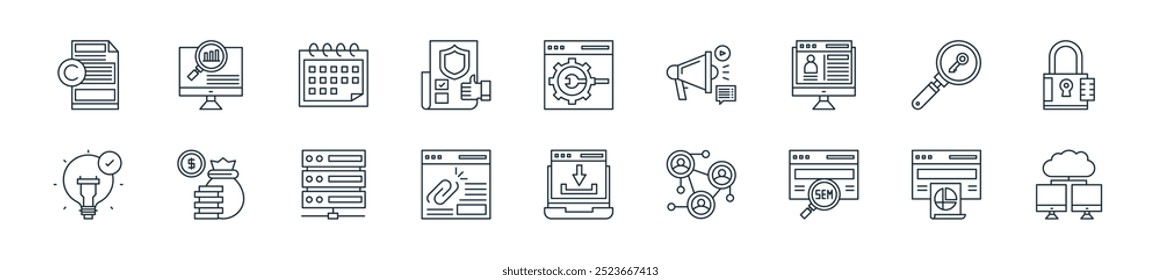 seo moderno e sem ícone pack. perfeito para projetos de interface de usuário linear com vetor cloud computing, análise, sem, redes, download, link, servidor e mais ícones para aplicativos móveis e web.