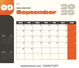 Modern September 2025 calendar planner template.  Ideal for scheduling and organization.