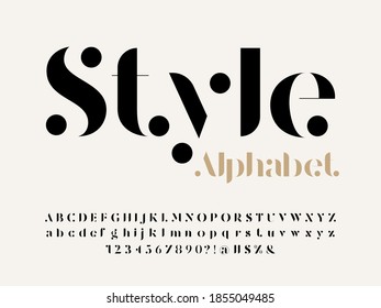 Modern serif alphabet design with uppercase, lowercase, numbers and symbol