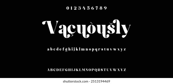 Modern serif alphabet design with uppercase, lowercase, numbers and symbol