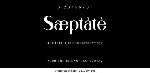 Modern serif alphabet design with uppercase, lowercase, numbers and symbol