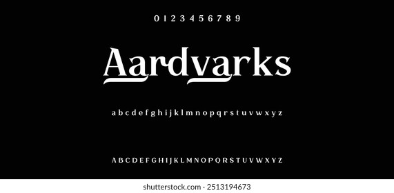 Modern serif alphabet design with uppercase, lowercase, numbers and symbol