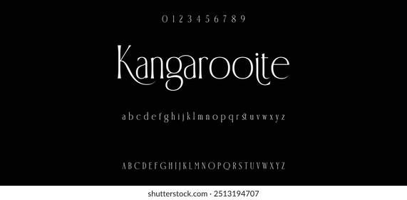 Modern serif alphabet design with uppercase, lowercase, numbers and symbol