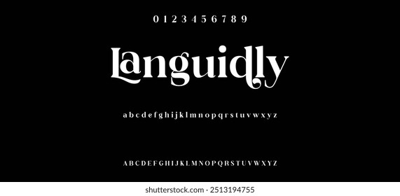 Modern serif alphabet design with uppercase, lowercase, numbers and symbol
