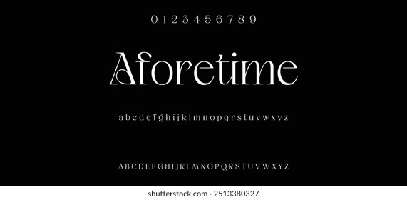 Modern serif alphabet design with uppercase, lowercase, numbers and symbol
