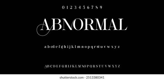 Modern serif alphabet design with uppercase, lowercase, numbers and symbol