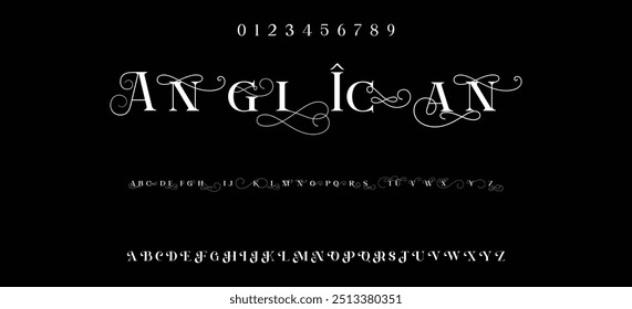 Modern serif alphabet design with uppercase, lowercase, numbers and symbol