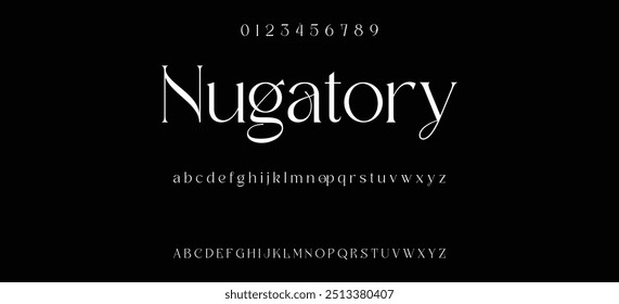 Design moderno do alfabeto serif com letras maiúsculas, minúsculas, números e símbolos