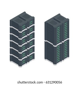 Modern server farm raid vector. Server rack data center isometric 3d