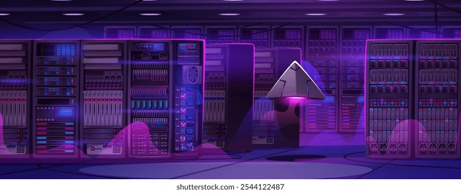 Sala de servidor moderna com equipamento de armazenamento de dados. Ilustração cartoon vetorial de espaço com hardware de computador, plataforma de mineração criptomoeda, data center em nuvem, tecnologia blockchain, rede de banco de dados