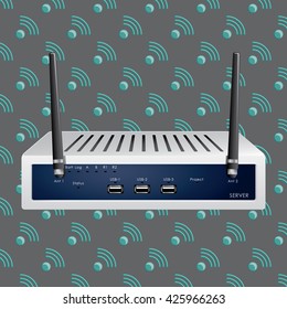 Modern Server with Two Antennas and Three USB Ports 3d Illusion Illustration - Black  Grey and White Objects on the Radiowave Symbol Wallpaper Background - Gradient and Flat Design