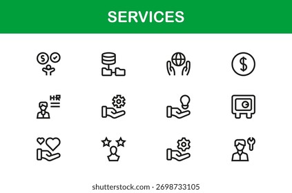 Colección de iconos de línea de servicios modernos: símbolos de Vector limpio para Tecnología, comunicación y soluciones